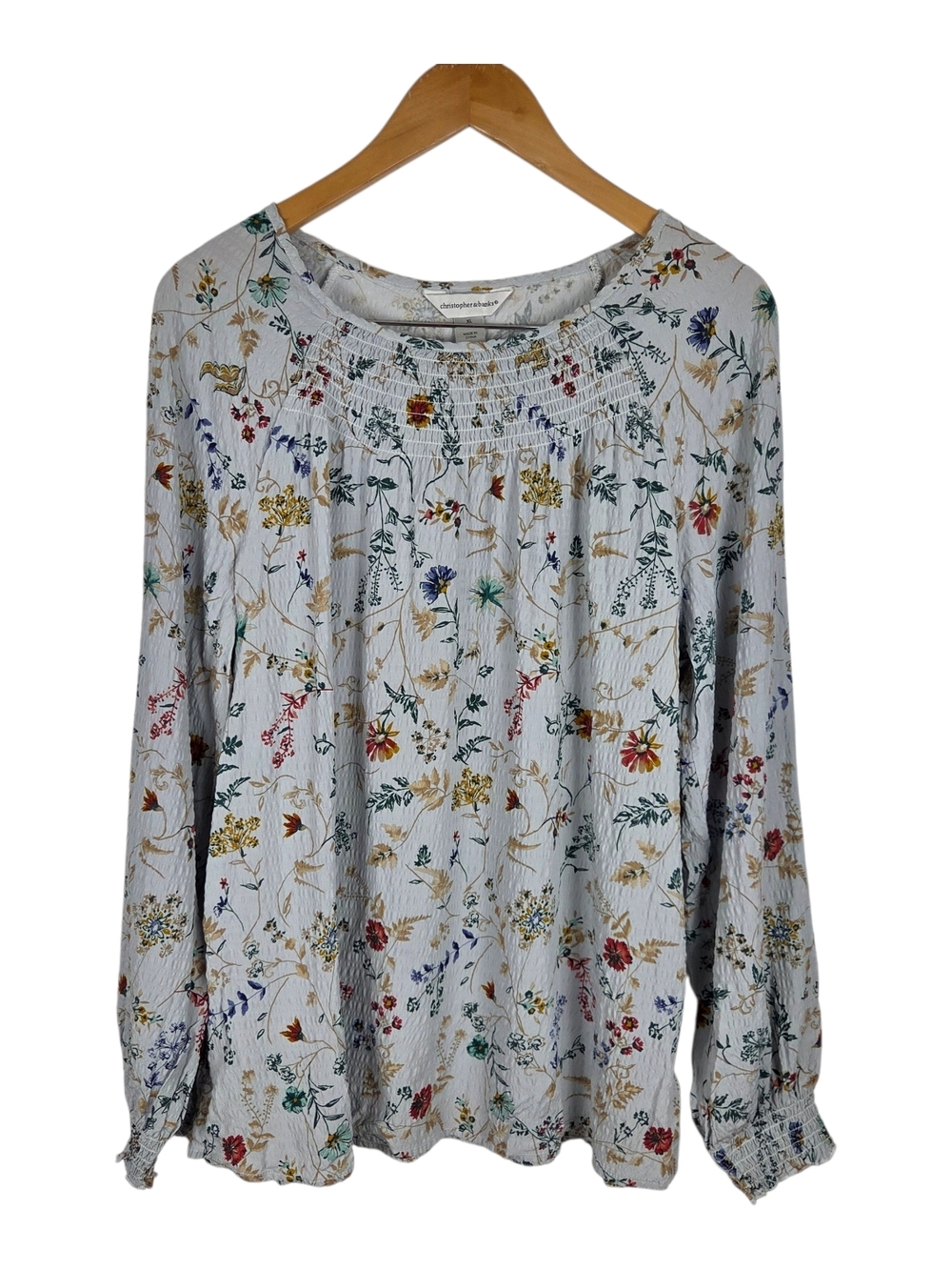 Christopher Banks Blue Ruched Floral Long-Sleeve Blouse